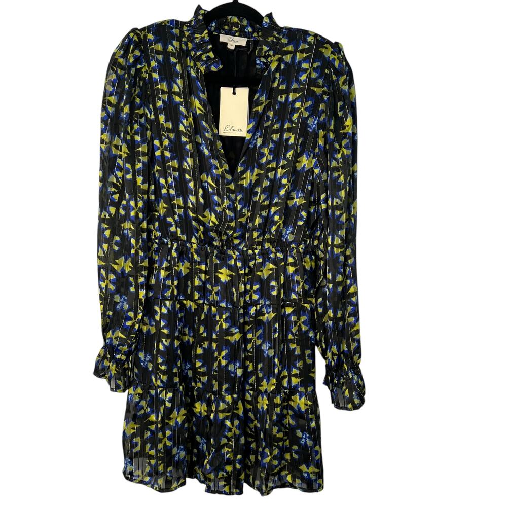 Elan Medium Tiered Elastic Waist Mini Dress Blue Black Abstract Flowy NWT Indie